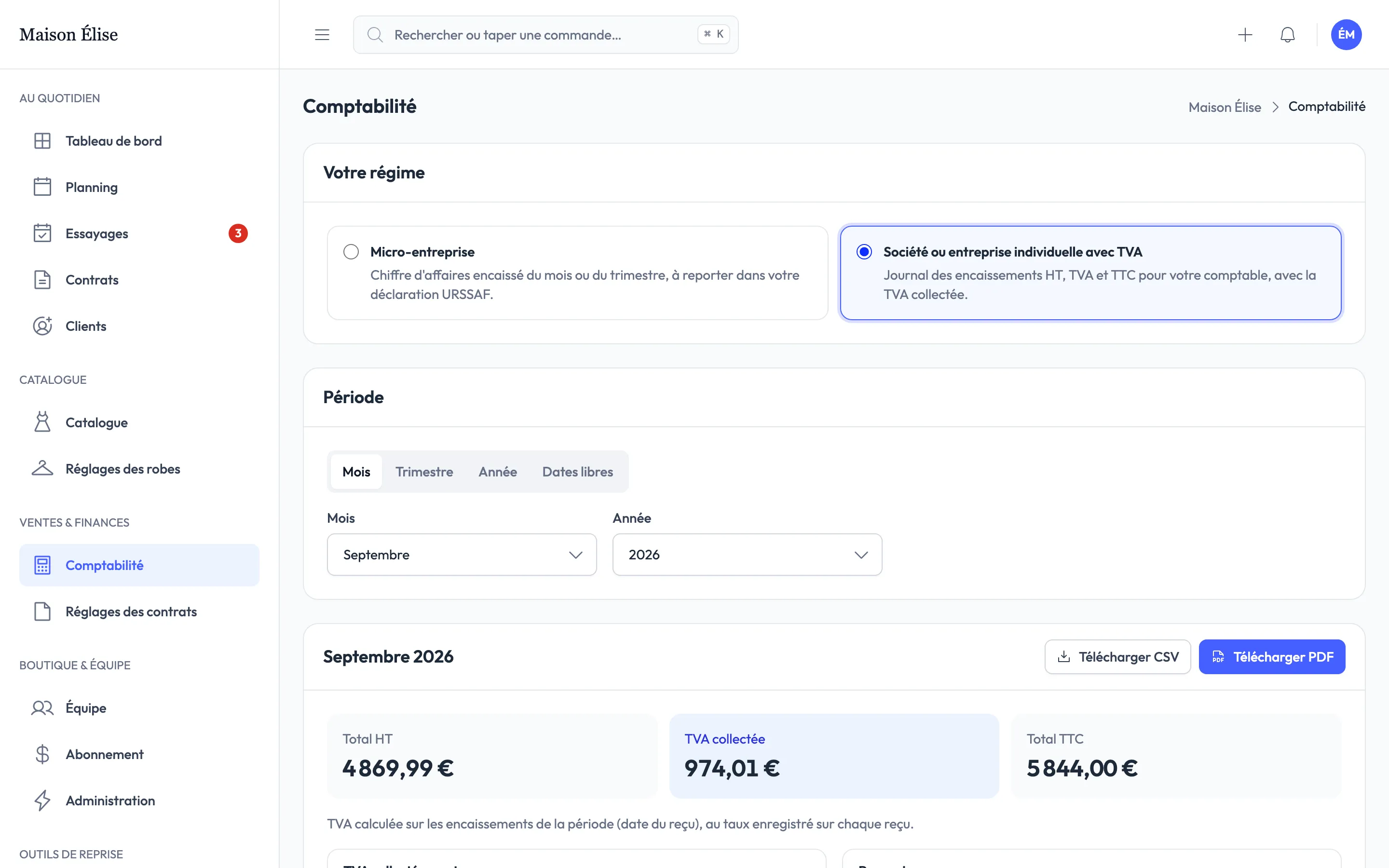 Écran de comptabilité