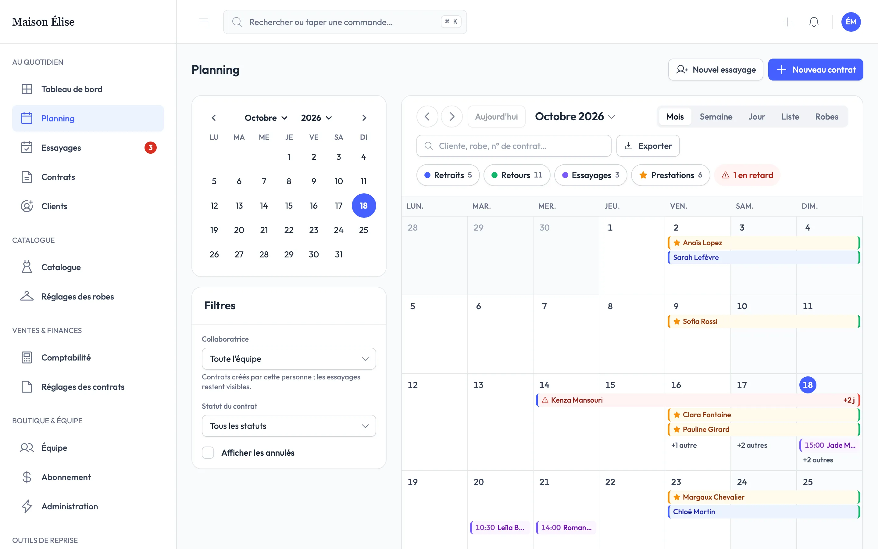 Planning du mois : retraits, retours, essayages et un retour en retard signalé